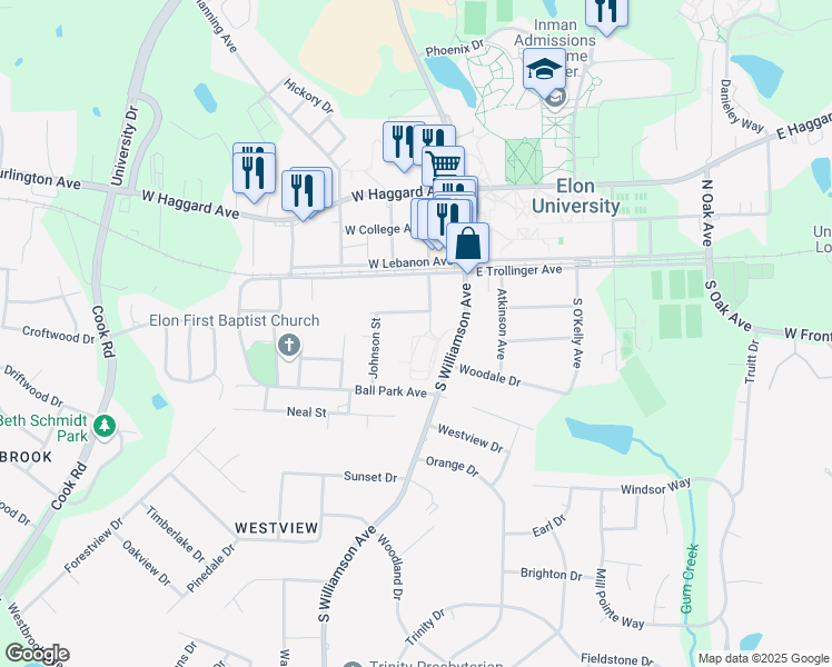 map of restaurants, bars, coffee shops, grocery stores, and more near 471 Station Circle in Elon
