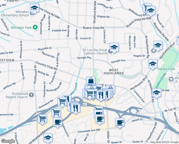 map of restaurants, bars, coffee shops, grocery stores, and more near 140 South Stratford Road in Winston-Salem