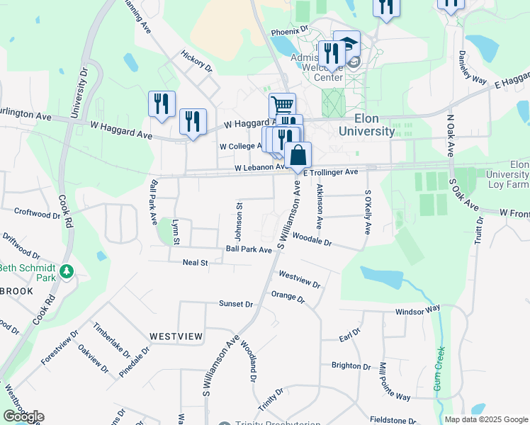 map of restaurants, bars, coffee shops, grocery stores, and more near 471 Station Circle in Elon