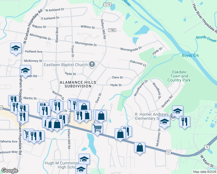 map of restaurants, bars, coffee shops, grocery stores, and more near 2527 Hyde Street in Burlington