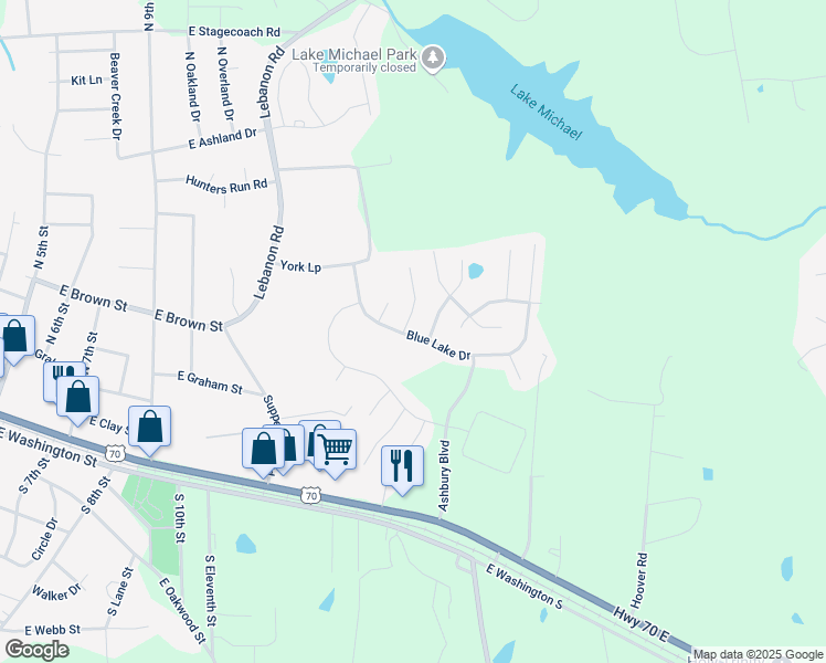 map of restaurants, bars, coffee shops, grocery stores, and more near 304 Large Oak Lane in Mebane