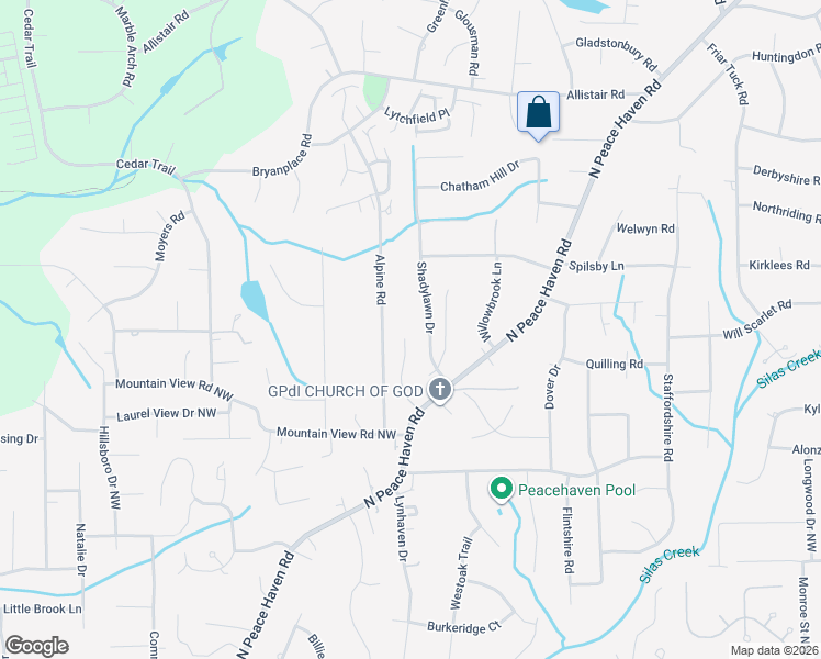 map of restaurants, bars, coffee shops, grocery stores, and more near 87 Shadylawn Drive in Winston-Salem