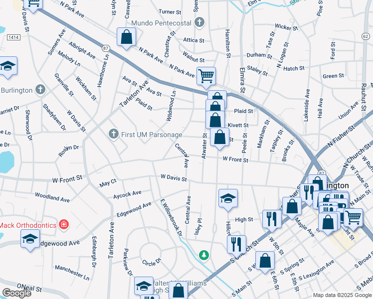 map of restaurants, bars, coffee shops, grocery stores, and more near 914 Askew Street in Burlington