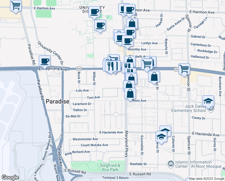 map of restaurants, bars, coffee shops, grocery stores, and more near 1121 Lulu Avenue in Las Vegas