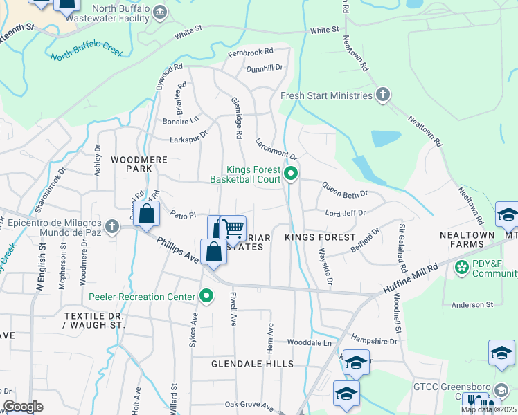 map of restaurants, bars, coffee shops, grocery stores, and more near 1305 Haverhill Drive in Greensboro