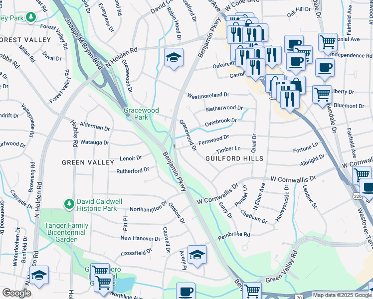 map of restaurants, bars, coffee shops, grocery stores, and more near 2603 Fernwood Drive in Greensboro