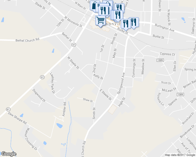 map of restaurants, bars, coffee shops, grocery stores, and more near 108 Kelly Street in Gibsonville