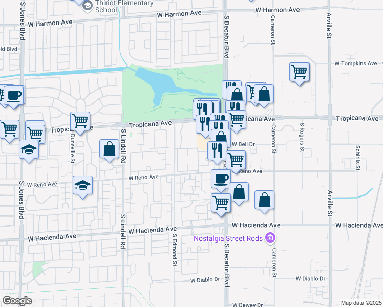 map of restaurants, bars, coffee shops, grocery stores, and more near 5155 West Tropicana Avenue in Las Vegas