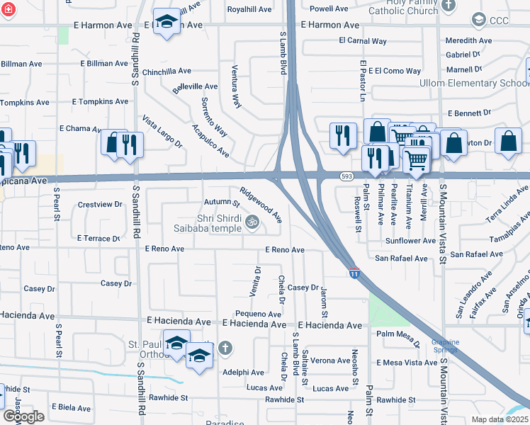 map of restaurants, bars, coffee shops, grocery stores, and more near 4129 Ridgewood Avenue in Las Vegas