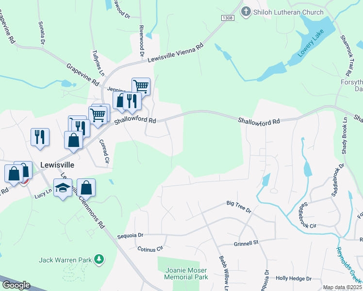 map of restaurants, bars, coffee shops, grocery stores, and more near 165 Oak Grove Avenue in Lewisville