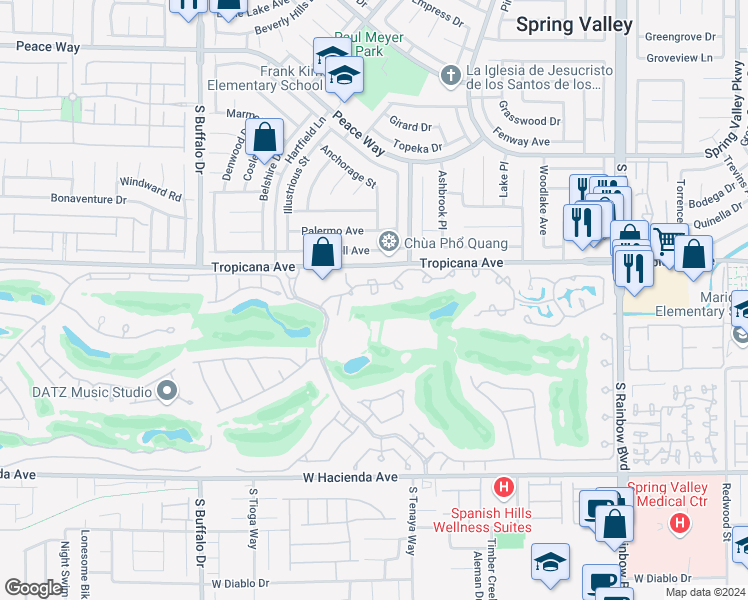 map of restaurants, bars, coffee shops, grocery stores, and more near 7373 Mission Hills Drive in Las Vegas