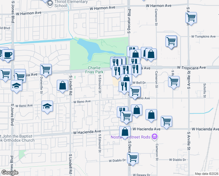 map of restaurants, bars, coffee shops, grocery stores, and more near 5155 West Tropicana Avenue in Las Vegas