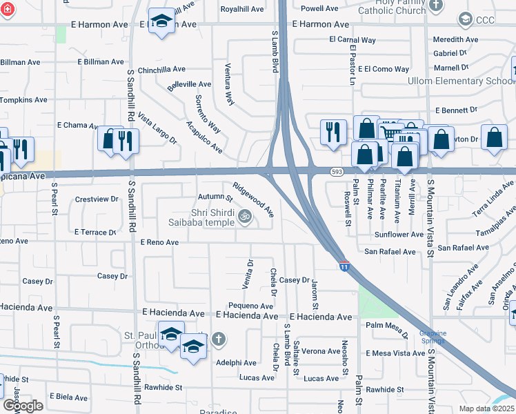 map of restaurants, bars, coffee shops, grocery stores, and more near 4129 Ridgewood Avenue in Las Vegas