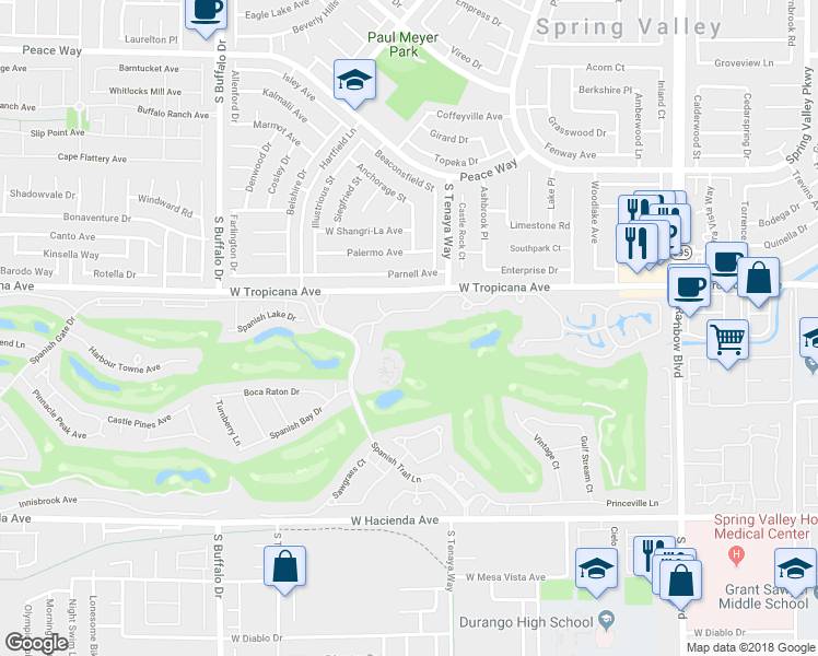 map of restaurants, bars, coffee shops, grocery stores, and more near 7373 Mission Hills Drive in Las Vegas