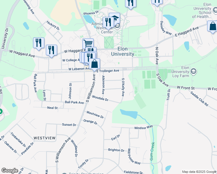 map of restaurants, bars, coffee shops, grocery stores, and more near 207 East Foster Drive in Elon
