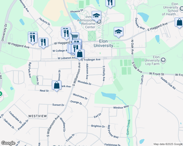 map of restaurants, bars, coffee shops, grocery stores, and more near 207 East Foster Drive in Elon