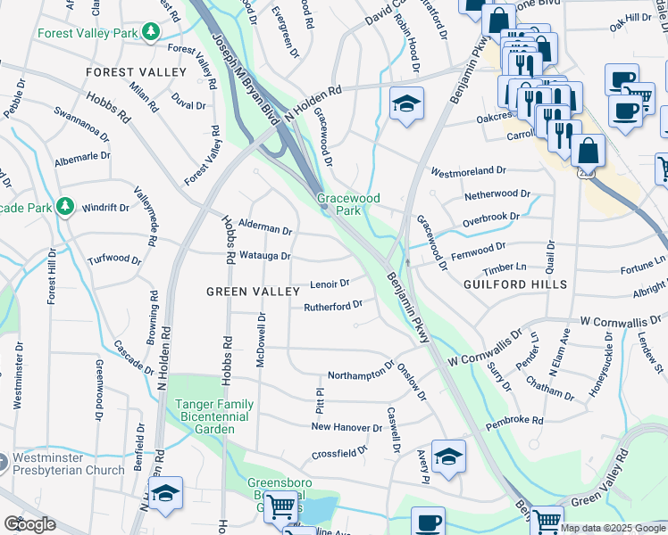 map of restaurants, bars, coffee shops, grocery stores, and more near 2807 Watauga Drive in Greensboro