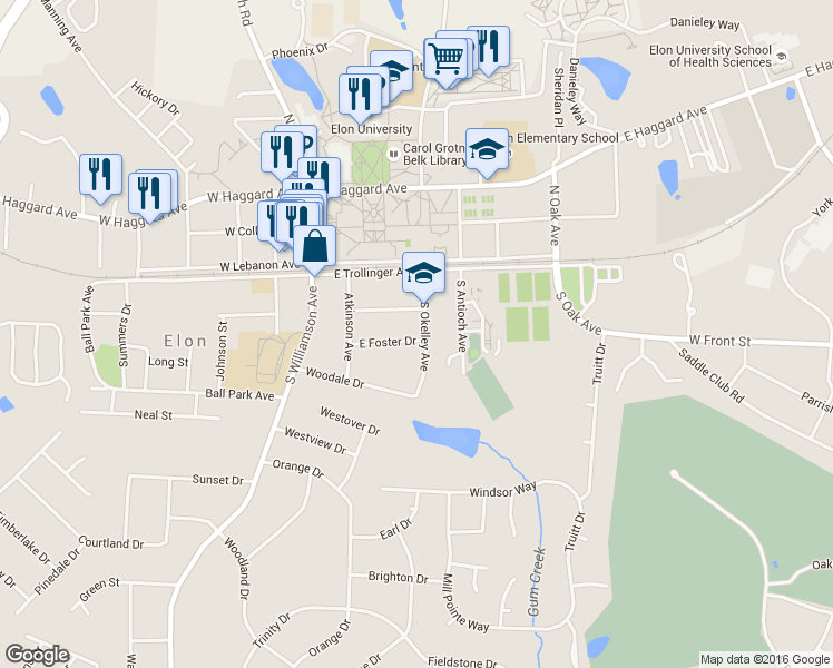 map of restaurants, bars, coffee shops, grocery stores, and more near 224 East Summerbell Avenue in Elon