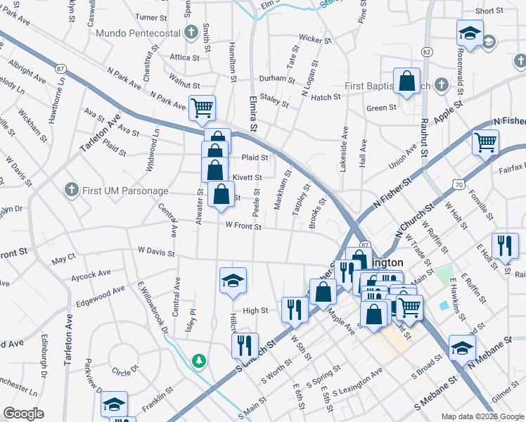 map of restaurants, bars, coffee shops, grocery stores, and more near 502 Peele Street in Burlington