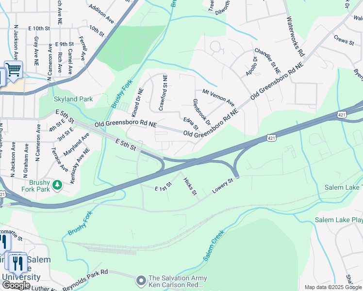 map of restaurants, bars, coffee shops, grocery stores, and more near 2251 East Lula Street in Winston-Salem