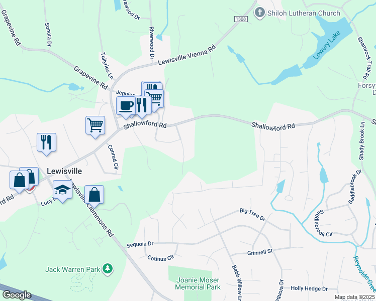 map of restaurants, bars, coffee shops, grocery stores, and more near 165 Oak Grove Avenue in Lewisville
