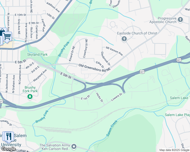 map of restaurants, bars, coffee shops, grocery stores, and more near 2251 East Lula Street in Winston-Salem