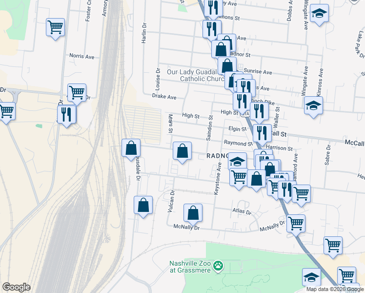map of restaurants, bars, coffee shops, grocery stores, and more near 519 Raymond Street in Nashville