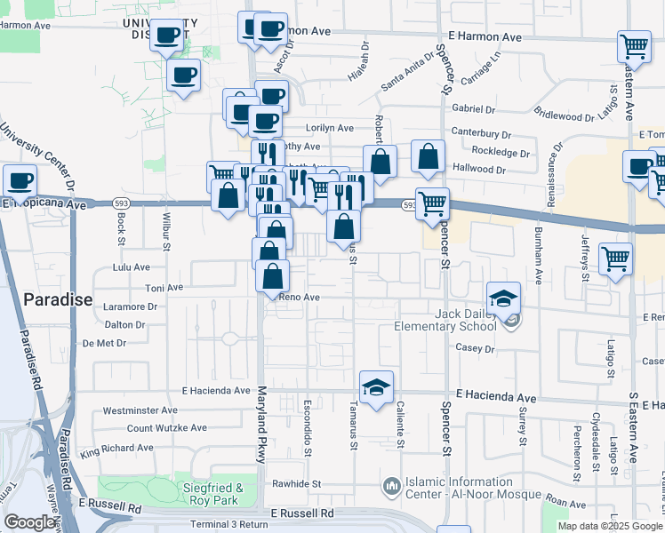 map of restaurants, bars, coffee shops, grocery stores, and more near 5014 South Maryland Parkway in Las Vegas