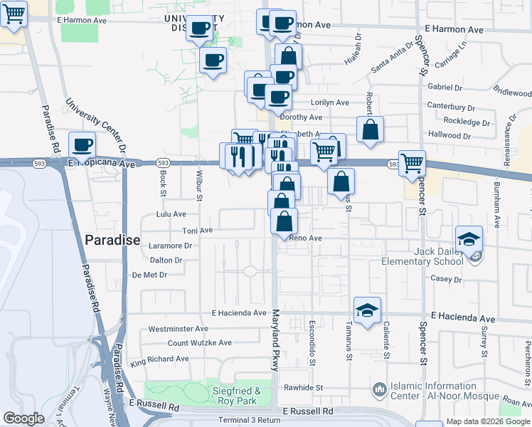 map of restaurants, bars, coffee shops, grocery stores, and more near 1188 Lulu Avenue in Las Vegas