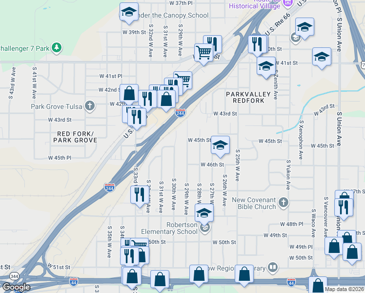 map of restaurants, bars, coffee shops, grocery stores, and more near 4345 South 30th West Avenue in Tulsa