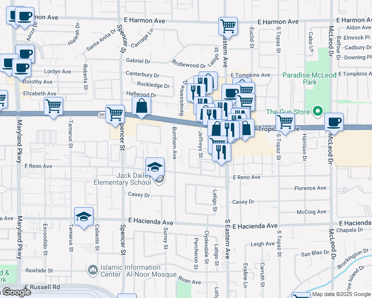 map of restaurants, bars, coffee shops, grocery stores, and more near 5004 Celebrity Circle in Las Vegas