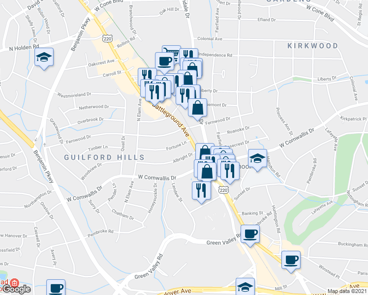 map of restaurants, bars, coffee shops, grocery stores, and more near 2305 Fortune Lane in Greensboro