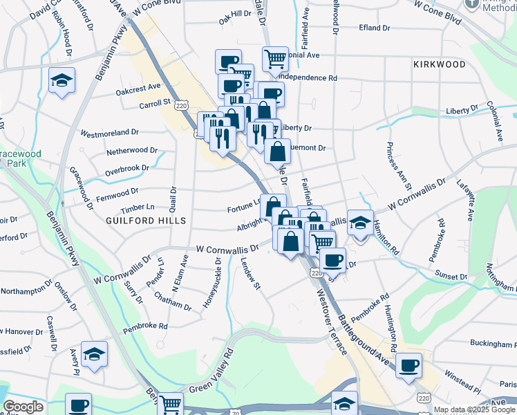 map of restaurants, bars, coffee shops, grocery stores, and more near 2305 Fortune Lane in Greensboro