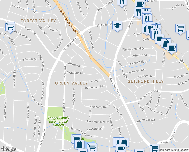 map of restaurants, bars, coffee shops, grocery stores, and more near 2807 Watauga Drive in Greensboro
