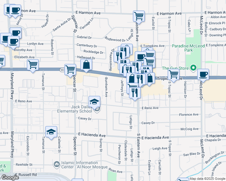 map of restaurants, bars, coffee shops, grocery stores, and more near 5004 Celebrity Circle in Las Vegas