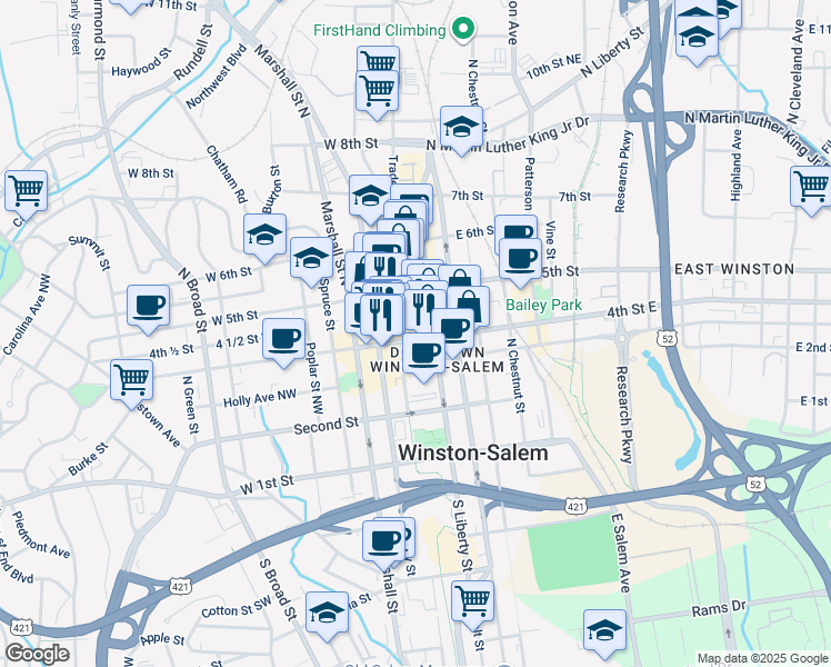 map of restaurants, bars, coffee shops, grocery stores, and more near 100 West 5th Street in Winston-Salem