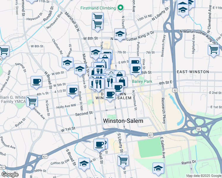 map of restaurants, bars, coffee shops, grocery stores, and more near 100 West 5th Street in Winston-Salem