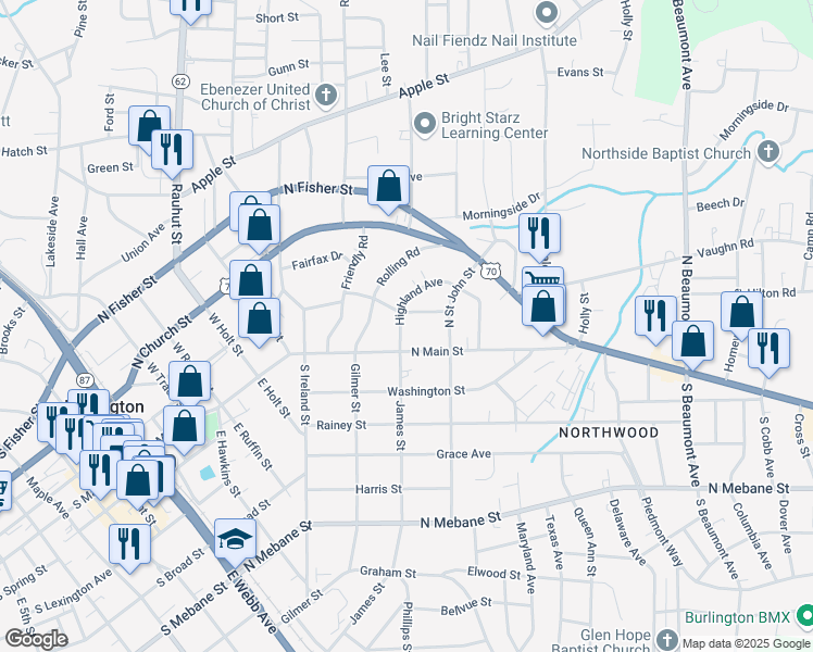 map of restaurants, bars, coffee shops, grocery stores, and more near 113 Highland Avenue in Burlington