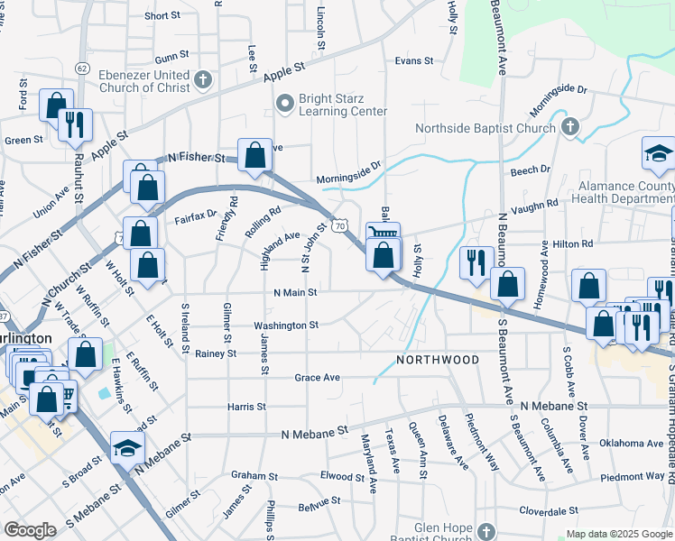 map of restaurants, bars, coffee shops, grocery stores, and more near 320 Highland Avenue in Burlington