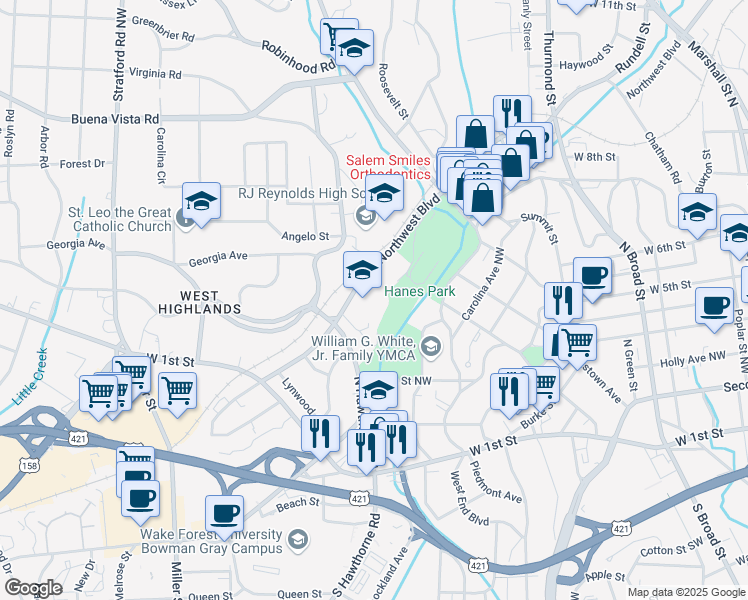 map of restaurants, bars, coffee shops, grocery stores, and more near 1400 West Northwest Boulevard in Winston-Salem
