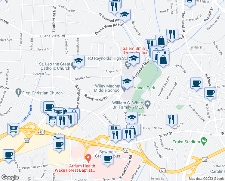 map of restaurants, bars, coffee shops, grocery stores, and more near North Hawthorne Road in Winston-Salem