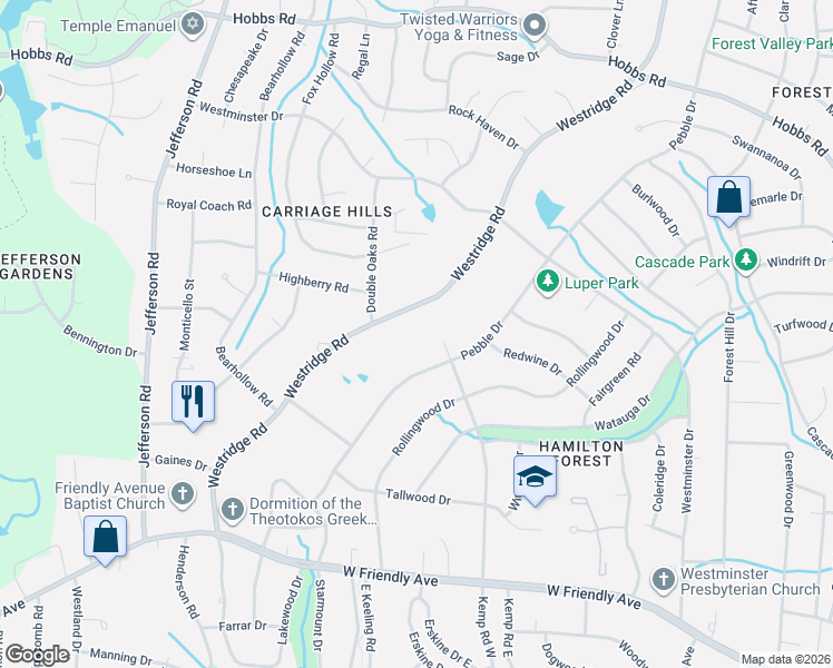 map of restaurants, bars, coffee shops, grocery stores, and more near 1106 Westridge Road in Greensboro