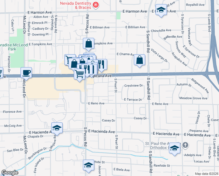 map of restaurants, bars, coffee shops, grocery stores, and more near 3570 Villa Knolls North Drive in Las Vegas