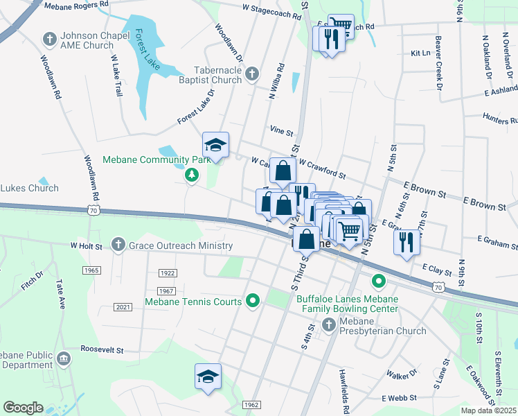 map of restaurants, bars, coffee shops, grocery stores, and more near West Clay Street in Mebane