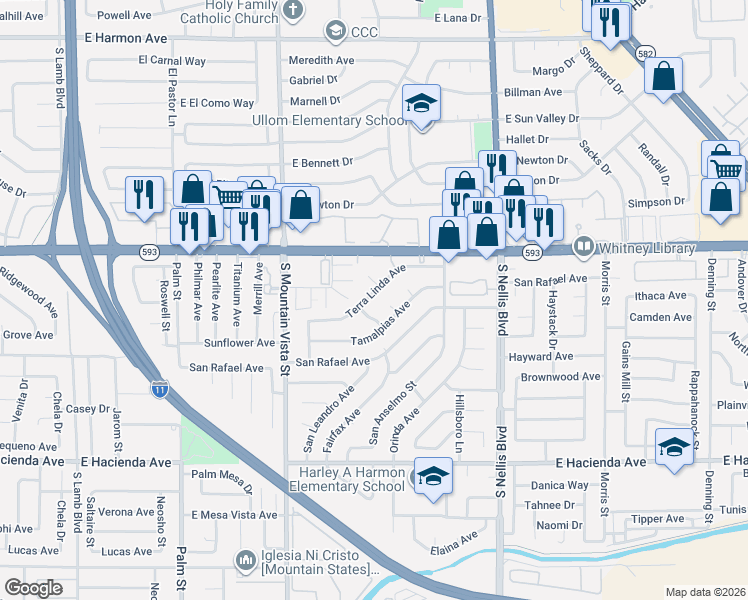 map of restaurants, bars, coffee shops, grocery stores, and more near 4751 Terra Linda Avenue in Las Vegas