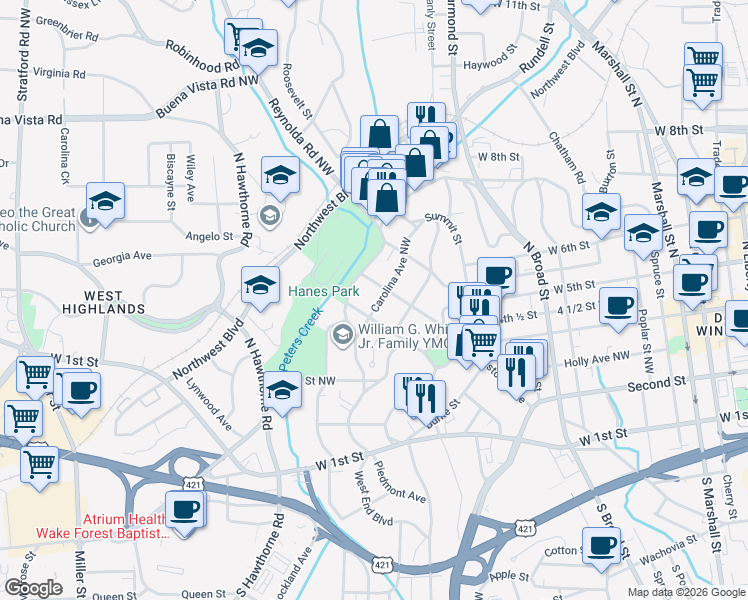 map of restaurants, bars, coffee shops, grocery stores, and more near 1015 Carolina Avenue Northwest in Winston-Salem