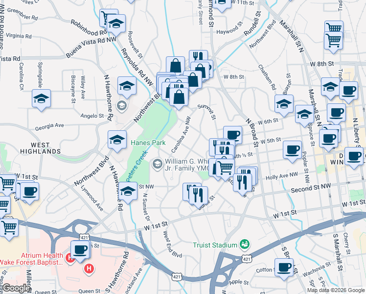 map of restaurants, bars, coffee shops, grocery stores, and more near 1310 Brookstown Avenue Southwest in Winston-Salem