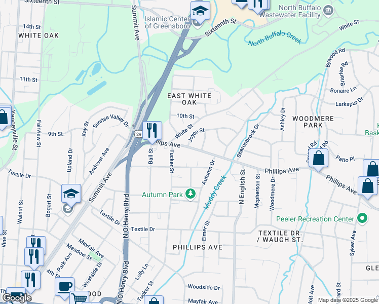 map of restaurants, bars, coffee shops, grocery stores, and more near in Greensboro