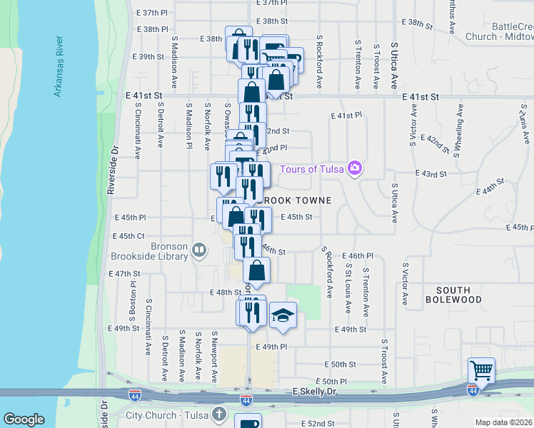 map of restaurants, bars, coffee shops, grocery stores, and more near 1336 South Quaker Avenue in Tulsa