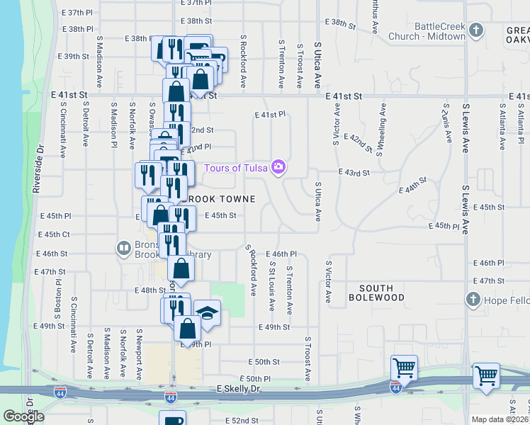 map of restaurants, bars, coffee shops, grocery stores, and more near 4342 South Rockford Place in Tulsa